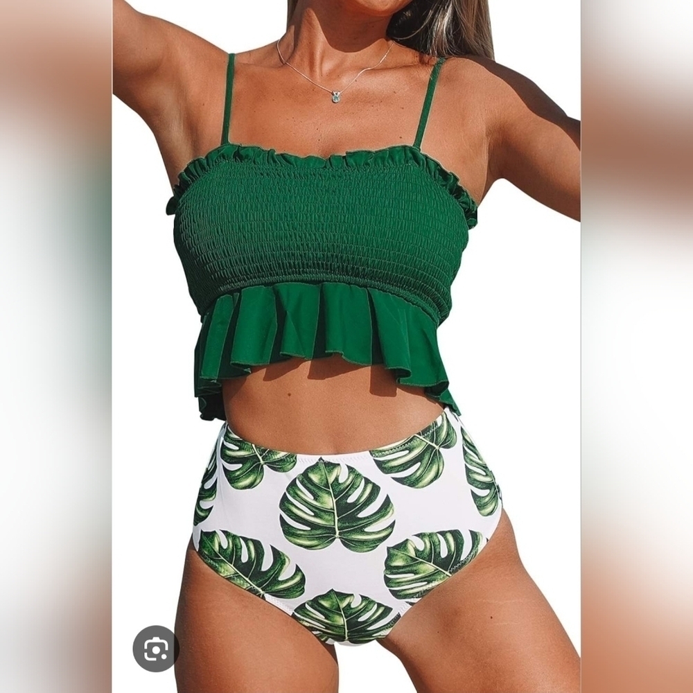 Green Ruffled Bikini Set with Leaf Print, No Tag, See Measurements